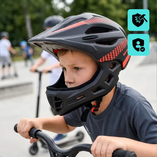 Kask rowerowy full-face METEOR Lupus S 48-52 cm czarny/czerwony