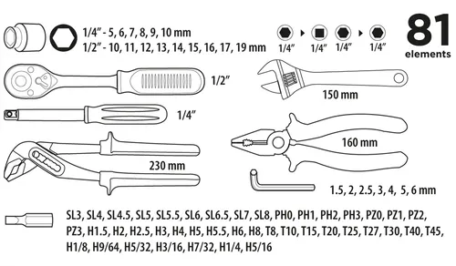 Zestaw narzędziowy 1/4", 1/2" 81szt. Top Tools 38D510