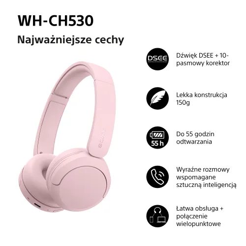 Słuchawki bezprzewodowe Sony WH-CH530 Nauszne Bluetooth 6.0 Różowy