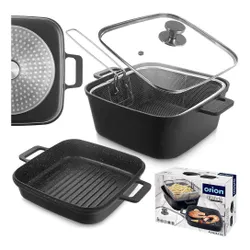 Garnek granitowy ze szklaną pokrywką patelnią grillową koszyczkiem GRANDE 2+4 l 4 el.