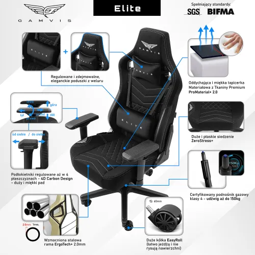 Fotel GAMVIS Elite 2.0 XL Basic Czarny (białe elementy)