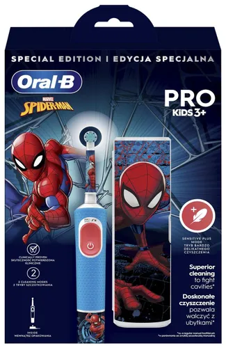 Электрическая зубная щетка Oral-B Pro Kids 3 + Чехол-паук синий