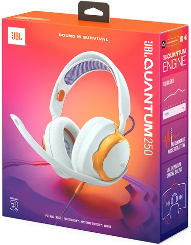 Słuchawki JBL Quantum 250, Nauszne, Dźwięk przestrzenny Biało-złoty