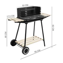 Grill węglowy ogrodowy na kółkach z 3 półkami i rożnem