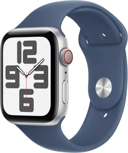 Apple Watch SE GPS + Cellular koperta 44mm aluminium srebrnym pasek sportowy denim S/M