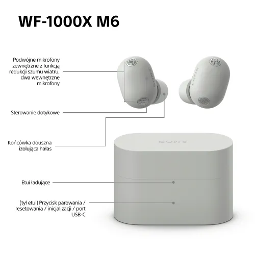 Słuchawki bezprzewodowe Sony WF-1000XM6 ANC Dokanałowe Bluetooth 5.3 Platynowo-srebrny