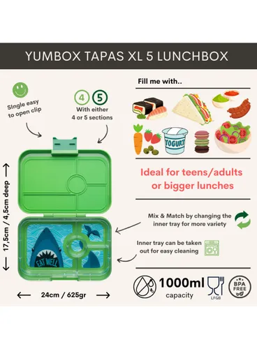 Lunchbox pojemnik na śniadanie XL Yumbox Tapas 4 - jurassic green / shark tray