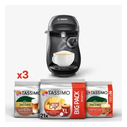 Zestaw ekspres kapsułkowy Bosch Tassimo Happy TAS1002N czarny i 3 opakowania kapsułek: Jacobs Latte Macchiato Classico, Café au lait, Morning Café (Strong&Intense) XL