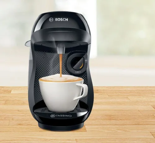 Zestaw ekspres kapsułkowy Bosch Tassimo Happy TAS1002N czarny i 3 opakowania kapsułek: Jacobs Latte Macchiato Classico, Café au lait, Morning Café (Strong&Intense) XL
