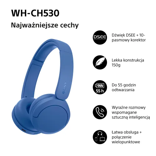 Słuchawki bezprzewodowe Sony WH-CH530 Nauszne Bluetooth 6.0 Niebieski