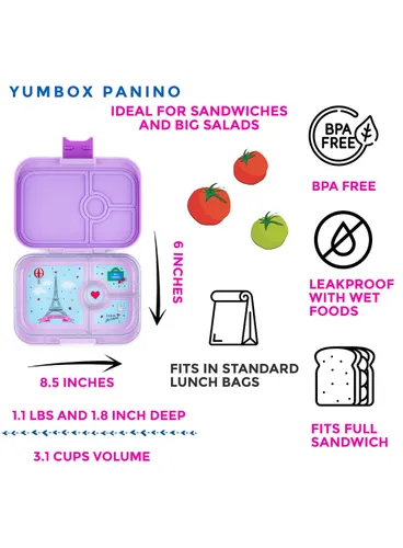 Yumbox Panino - Lulu mor orta dikdörtgen öğle yemeği kutusu / Paris-t'aime tepsisi