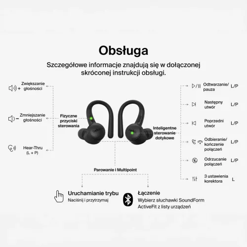 Słuchawki bezprzewodowe Belkin SoundForm ActiveFit Dokanałowe z zaczepami Bluetooth 5.4, Czarny