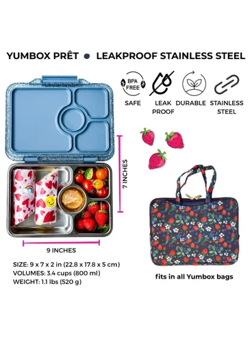 Lunchbox 4-komorowy Yumbox Pret ze stalową tacą - Paris blue glitter
