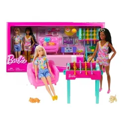 LALKA BARBIE POKÓJ ZABAW duży zestaw 2 lalki, piesek, kotek + akcesoria HYT64