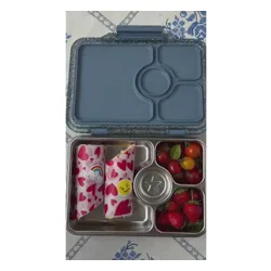 Lunchbox 4-komorowy Yumbox Pret ze stalową tacą - Paris blue glitter