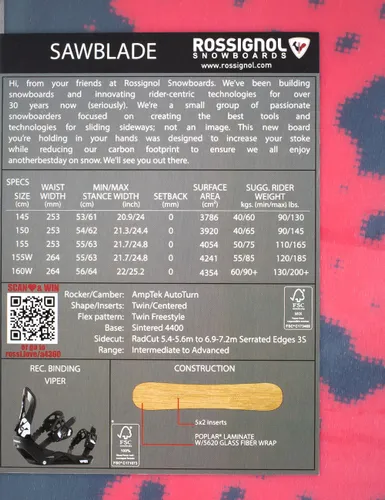 Zestaw deska Rossignol Sawblade Wide + wiązania Rossignol Viper M/L - Długość (cm) - 155