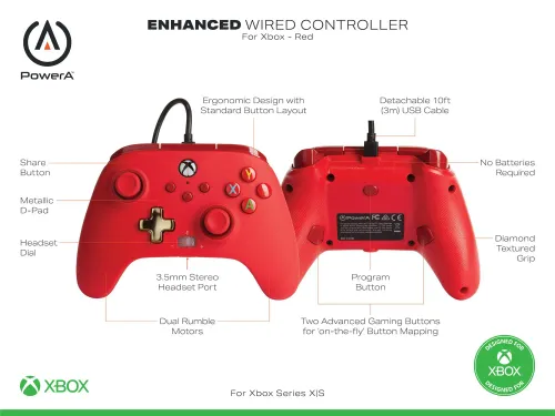 Pad PowerA Enhanced Red do Xbox Series X/S, Xbox One, PC Przewodowy