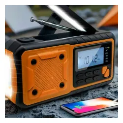 Radioodbiornik Beline AM/FM IPX3 z dynamem, latarką, powerbankiem i panelem solarnym Czarno-pomarańczowy