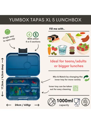 Lunchbox do pracy XL Yumbox Tapas 5 sekcji - Monte Carlo blue / jungle tray