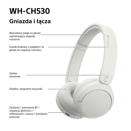 Słuchawki bezprzewodowe Sony WH-CH530 Nauszne Bluetooth 6.0 Biały