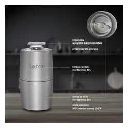 Elektryczny młynek do kawy Lauben Grinder 200ST - Moc 200W | Silnik miedziany | Stal nierdzewna #304 | Do kawy, orzechów i przypraw | Cichy 65dB | 50g