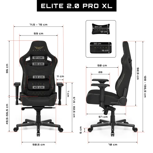 Fotel GAMVIS Elite 2.0 Pro XL Tkanina Czarny (złote elementy)