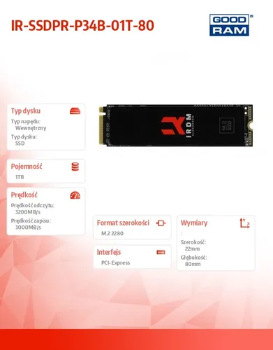 GOODRAM твердотельный накопитель IRDM 1 ТБ M. 2 PCIe 3x4 NVMe 2280 3200/3000