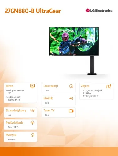 LG Electronics Monitor 27GN880-B 27 cali UltraGear Nano IPS 1ms 144Hz ERGO