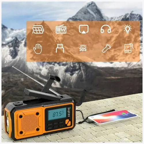 Radioodbiornik Beline AM/FM IPX3 z dynamem, latarką, powerbankiem i panelem solarnym Czarno-pomarańczowy