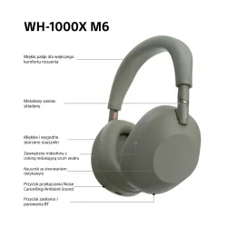 Słuchawki bezprzewodowe Sony WH-1000XM6 ANC Nauszne Bluetooth 5.3 Oliwkowy
