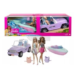 LALKA BARBIE ZESTAW PRZEJAŻDŻKA 2 lalki + samochód jeep + motorówka GXD66