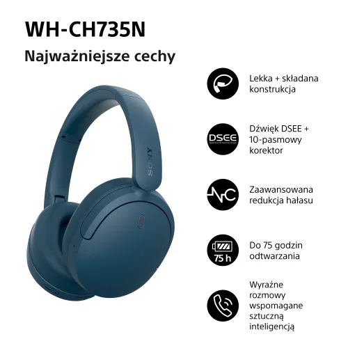 Słuchawki bezprzewodowe Sony WH-CH735N ANC Nauszne Bluetooth 6.0 Niebieski