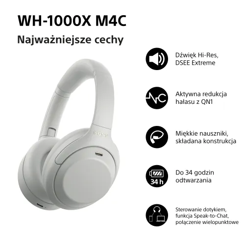Słuchawki bezprzewodowe Sony WH-1000XM4C ANC Nauszne Bluetooth 6.0 Srebrny