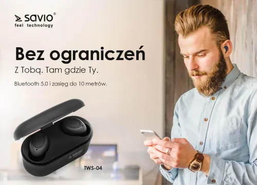 Słuchawki bezprzewodowe Savio TWS-04 Dokanałowe Bluetooth 5.0 Czarny