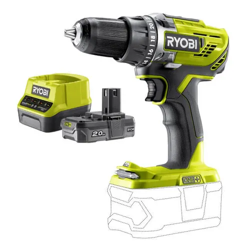 Wiertarko-wkrętarka RYOBI R18DD3-0 + Akumulator RYOBI ONE+ RC18120-120 2Ah 18V + ładowarka