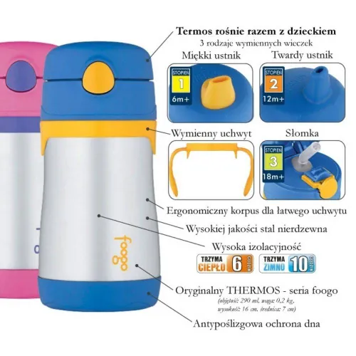 Stalowy termos dla niemowląt ze słomką Foogo Thermos - pink