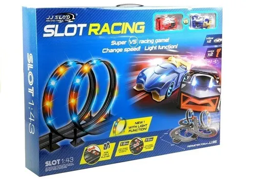 Tor Samochodowy Wyścigowy Slot Cars 2 Autka 1:43 Pętla Lampki Zasilacz