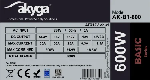 Zasilacz Akyga Basic AK-B1-600 600W Srebrny