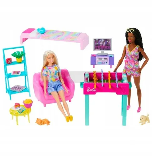 LALKA BARBIE POKÓJ ZABAW duży zestaw 2 lalki, piesek, kotek + akcesoria HYT64
