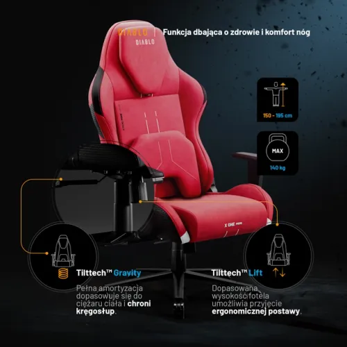 Fotel Diablo Chairs X.One Prime Normal Size Bloody Mary Gamingowy Do 140kg Tkanina Czerwony