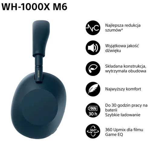 Słuchawki nauszne SONY WH-1000XM6 ANC Niebieski