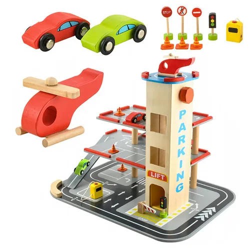 Drewniany parking z torem wyścigowym dla dzieci zabawka edukacyjna