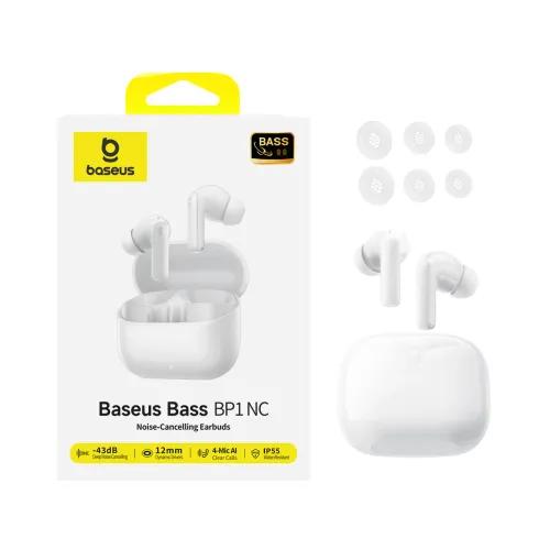 Słuchawki bezprzewodowe Baseus Bass BP1 NC Doknałowe Bluetooth 6.0 Biały