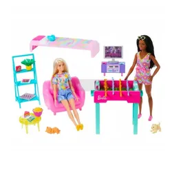 LALKA BARBIE POKÓJ ZABAW duży zestaw 2 lalki, piesek, kotek + akcesoria HYT64