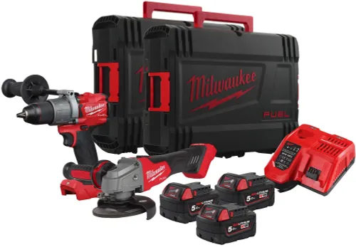 Milwaukee M18 FPP2Y2 - 503x elektrikli el aletleri seti (akülü matkap + açılı taşlama makinesi + 3 adet 5AH pil + şarj cihazı + 2 kasa)