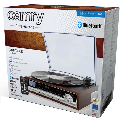 Gramofon CAMRY CR1168 Brązowy, Manualny,Napęd paskowy,USB,Wbudowane głośniki,Prędkość odtw. 33 1/3,45,78 obr./min