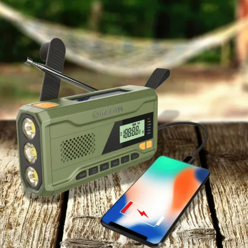Radioodbiornik Manta RDI401G Na korbkę, Solarne, Latarka, Powerbank, Radio FM Zielony