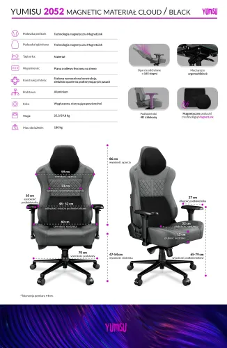 Fotel YUMISU 2052 Magnetic Jasnoszaro-czarny