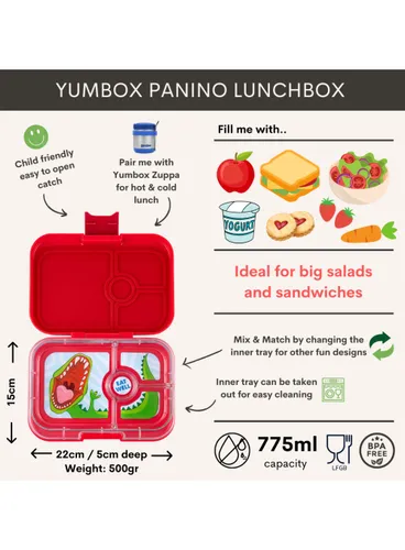 Średni prostokątny lunchbox Yumbox Panino - wow red / dinosaur tray