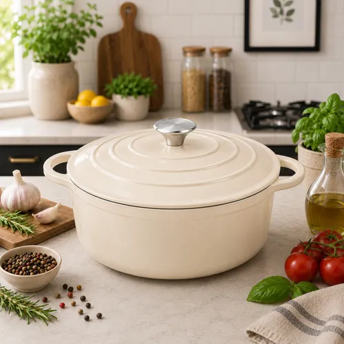 Garnek żeliwny emaliowany 28cm 5.9L ciężki indukcja Kremowy KRISBERG